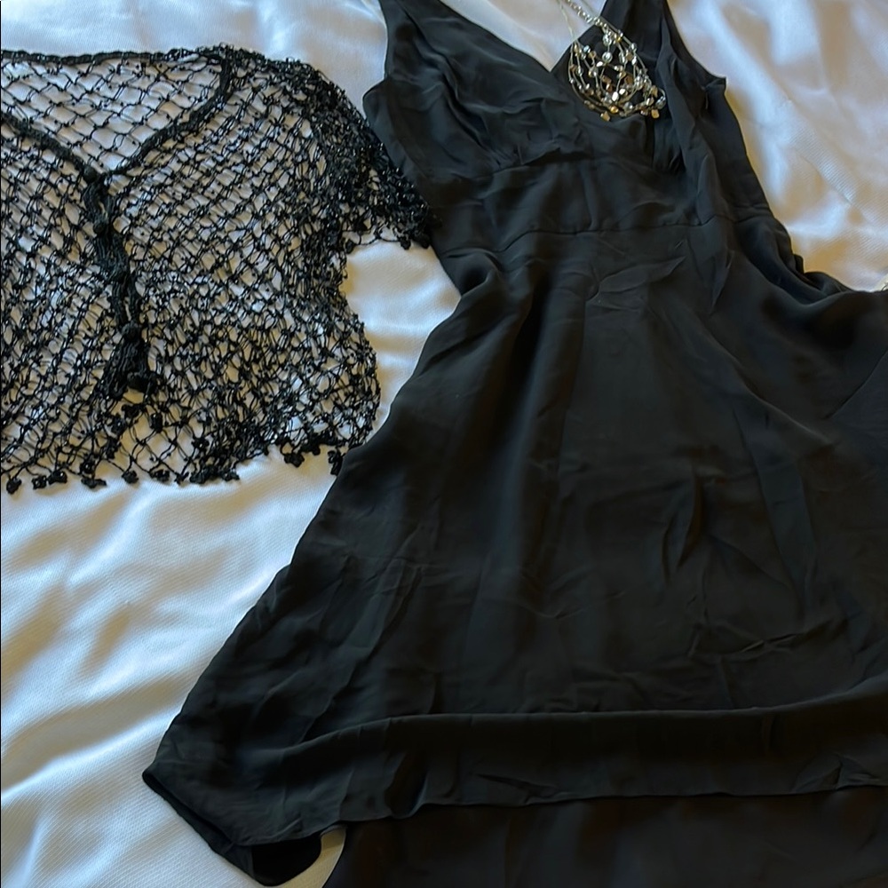 ELEGANT, Black, SILK Dress with Beaded Overlay.  Perfect for evening wear.